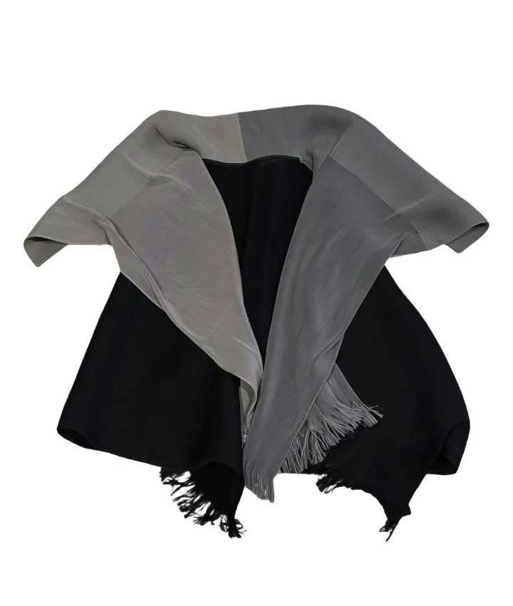 PLEAT PLEASE (Category: Others Tops) located in Taguig. Submitted by clothingselection (Listing ID 1470408271, Image 2). Description: PTPA Two-tone shawl in soft grey and black with delicate fringe trim. Lightweight fabric drapes beautifully—perfect for layering day or night PLEATS PLEASE ISSEY MIYAKE SIZE M TO XL CAN FIT EXCELLENT CONDITION NID WASH FRESH FROM BALE.