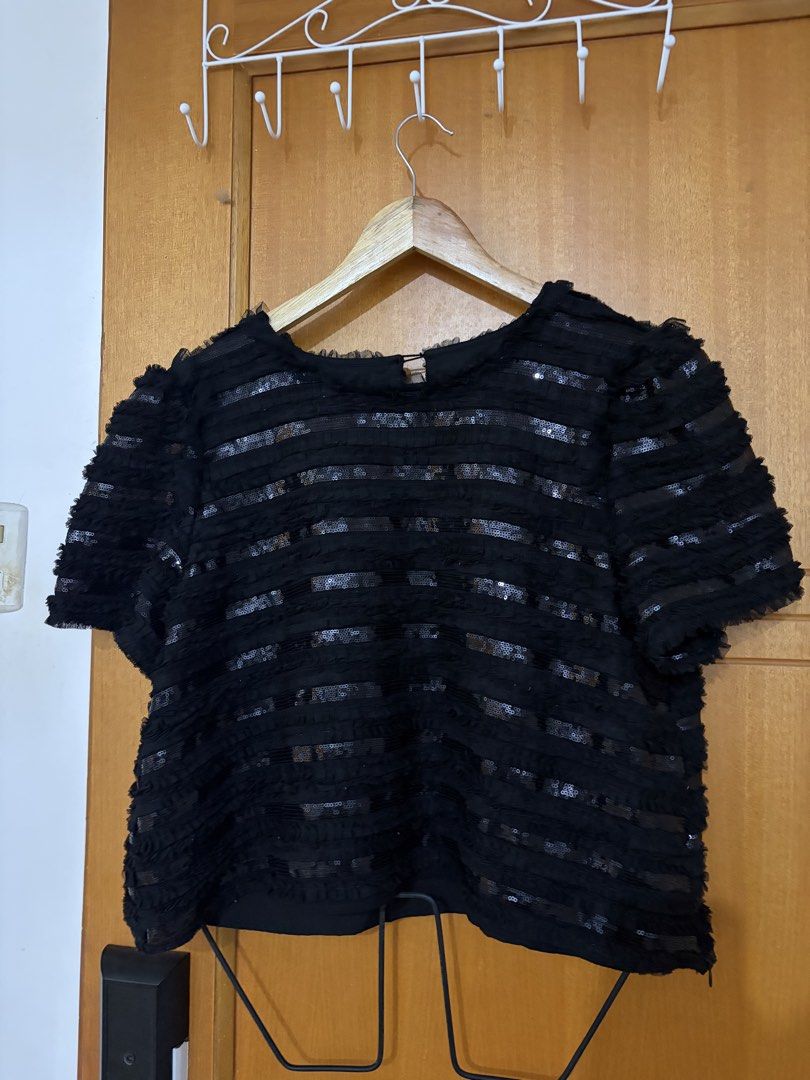 Plus size black sequin short sleeve semi cropped blouse top (Category: Blouses) located in Taguig. Submitted by preloved_by_janel (Listing ID 1470504504, Image 1). Description: - Color: Black - Details: Subtle sequins and textured frayed stripes - Comfort: Fully lined interior to prevent scratchiness - Design: Round neckline with short sleeves - Best fit: 0xl to 1xl body frame .