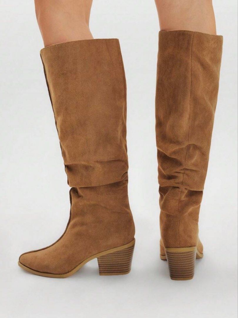 Pointed Toe Slouchy Knee High Boots - Camel Brown (Category: Boots) located in Cebu City. Submitted by shop.bydee (Listing ID 1470398073, Image 2). Description: •Brand new! Just got it last Oct 14, but I found another brown boots so I’m selling it low instead + FREE SHIPPING •Size: EU 39 (Heel Height: 7 cm, Shaft Height: 24.1 cm, Foot Length: 24.84 cm, Ball-of-Foot Circumference: 22.7 cm) •Soft suede material •Slouchy upper shaft & pointed toe •L