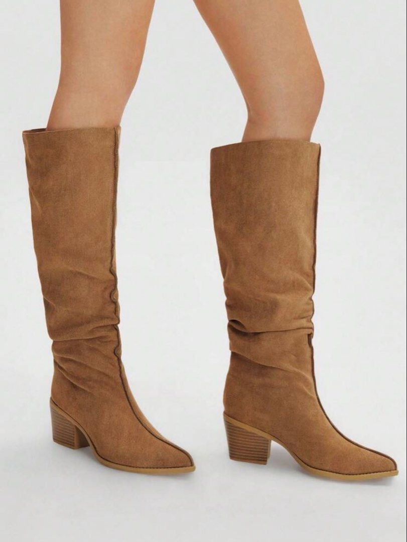 Pointed Toe Slouchy Knee High Boots - Camel Brown (Category: Boots) located in Cebu City. Submitted by shop.bydee (Listing ID 1470398073, Image 3). Description: •Brand new! Just got it last Oct 14, but I found another brown boots so I’m selling it low instead + FREE SHIPPING •Size: EU 39 (Heel Height: 7 cm, Shaft Height: 24.1 cm, Foot Length: 24.84 cm, Ball-of-Foot Circumference: 22.7 cm) •Soft suede material •Slouchy upper shaft & pointed toe •L
