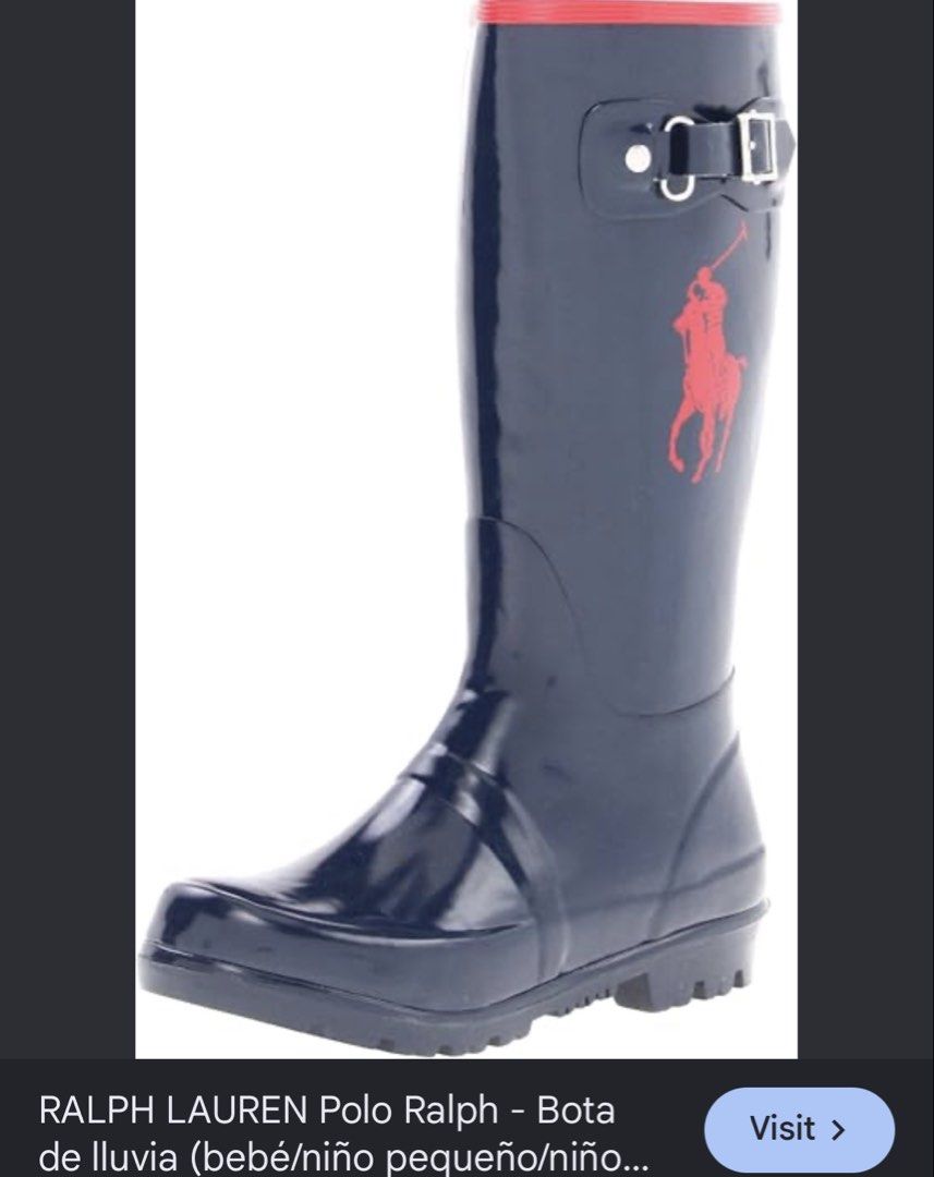 Polo Ralph Lauren Navy Blue Rain Boots (Category: Boots) located in Rosales. Submitted by thriftingismygame (Listing ID 1470413541, Image 3). Description: - Brand: Polo Ralph Lauren - Color: Navy blue gloss with red accents - Features: Big red pony logo, red collar trim, red heel lettering, and adjustable side buckle - Sole: Thick lug soles for excellent wet-weather traction - Condition: Clean, worn very little - Perfect for rainy season in the P