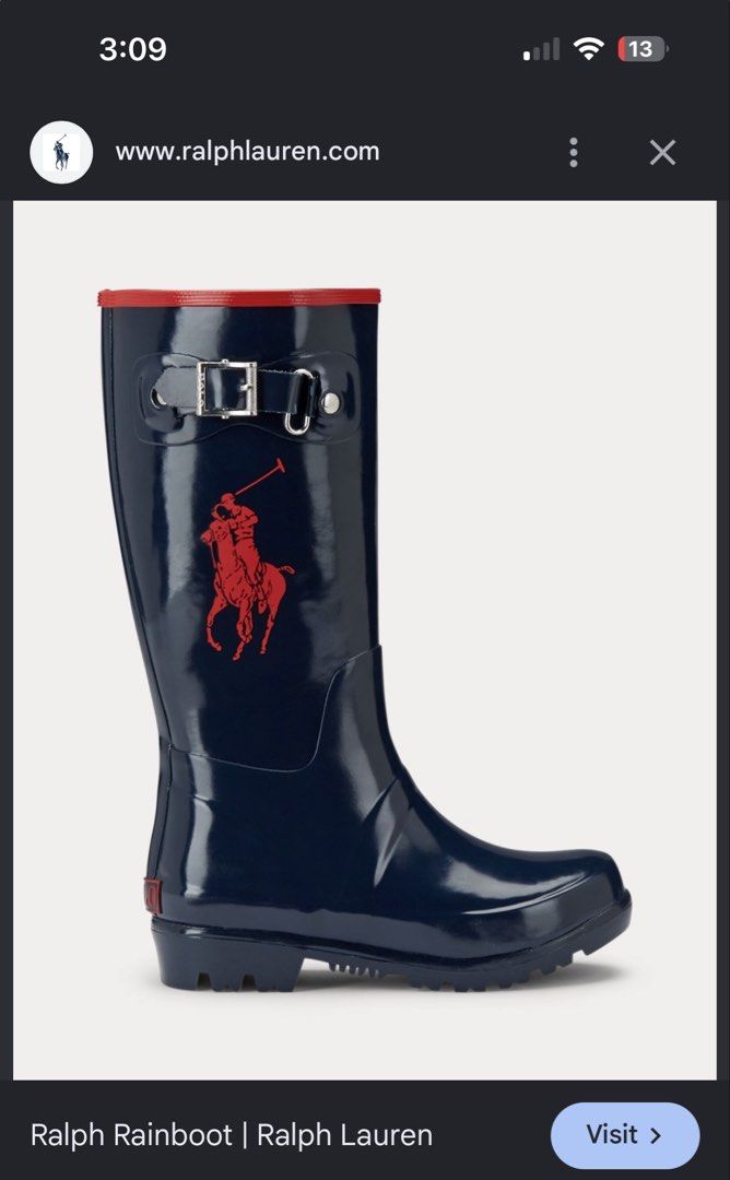 Polo Ralph Lauren Navy Blue Rain Boots (Category: Boots) located in Rosales. Submitted by thriftingismygame (Listing ID 1470413541, Image 2). Description: - Brand: Polo Ralph Lauren - Color: Navy blue gloss with red accents - Features: Big red pony logo, red collar trim, red heel lettering, and adjustable side buckle - Sole: Thick lug soles for excellent wet-weather traction - Condition: Clean, worn very little - Perfect for rainy season in the P