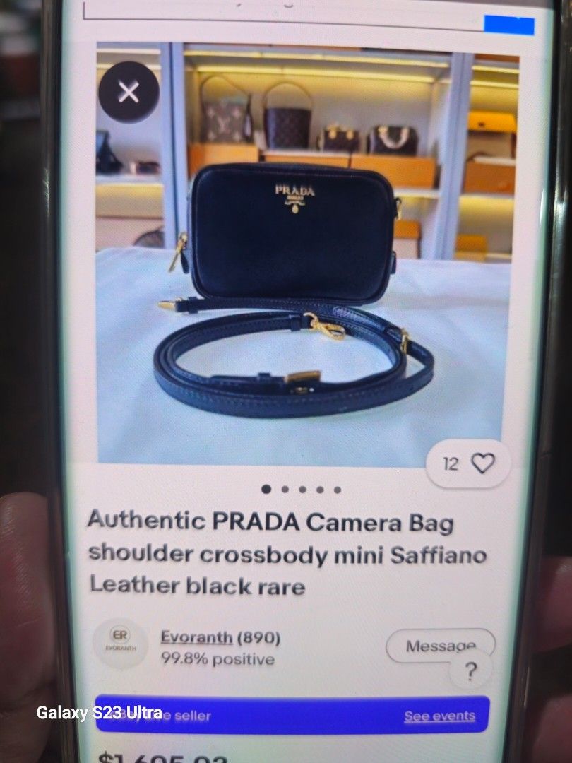 Prada Mini Saffiano Leather Crossbody Bag (Category: Cross-body Bags) located in Quezon City. Submitted by bagsforless16 (Listing ID 1470512044, Image 2). Description: Rare Authentic Mini Prada Saffiano Leather Camera Crossbody Bag Good Condition Gold Hardware with Prada Logo Lining with Embossed Prada Logo Saffiano Leather Strap For Daily Essentiaks .