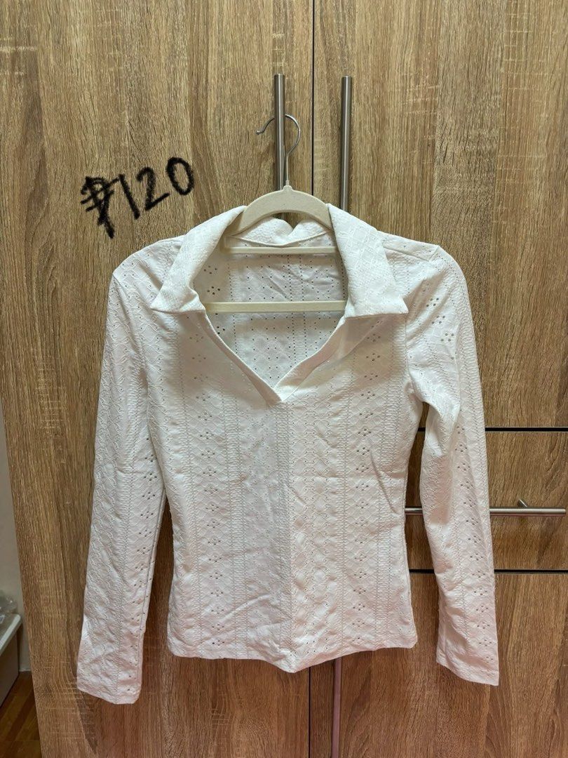 [Pre-Loved] White Long Sleeve Collared Blouse (Category: Longsleeves) located in Quezon City. Submitted by ellaaashi_ (Listing ID 1470531090, Image 1). Description: [Pre-Loved Top] - worn once for an event - S-M (kinda fitted alr for medium frame) - no brand DM for other questions.