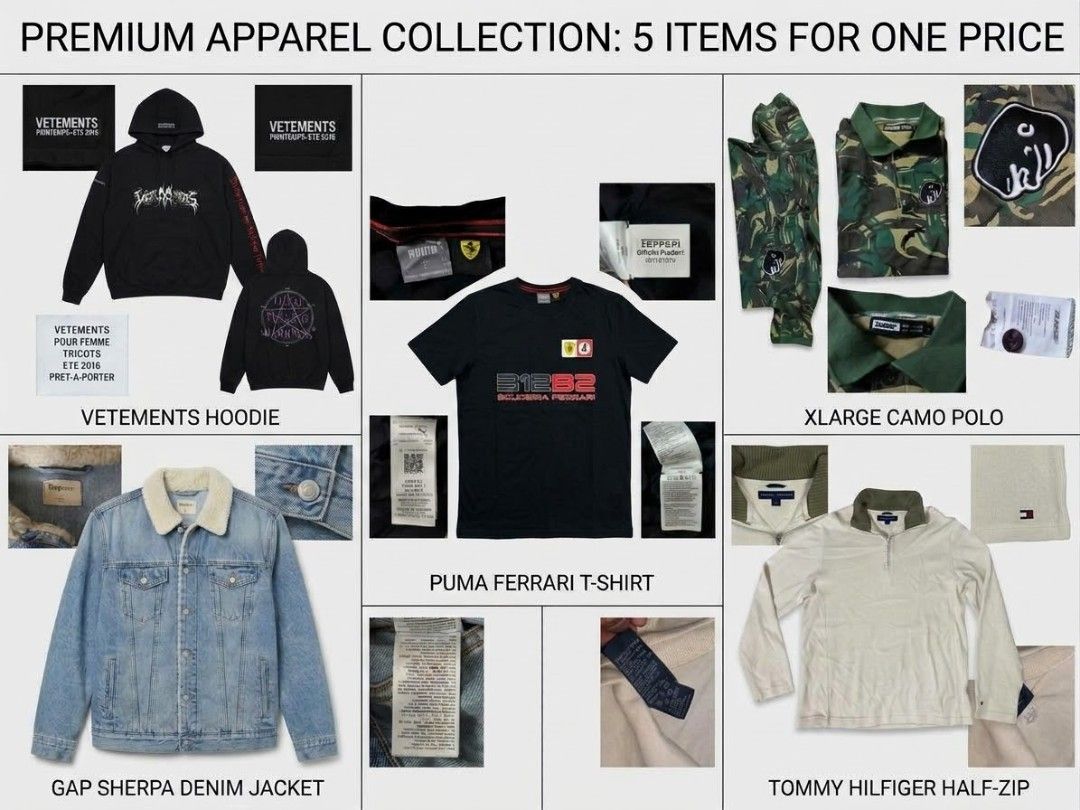 Premium Apparel Collection 5 Items Bundle (Category: Tshirts & Polo Shirts ) located in Caloocan City. Submitted by aluyoiseric381 (Listing ID 1470436099, Image 1). Description: RUSH SALE!!!! 🚨 RUSH SALE / TAKE ALL BUNDLE 🚨 Authentic Vintage & Streetwear Collection (Need funds ASAP) All items 100% Authentic / Clean / Ready to Wear 💰INDIVIDUAL RUSH PRICES: • Vetements "Total Fucking Darkness" Hoodie (Pit-to-Pit: 24" | Length: 30") — ₱3,500 • Vi