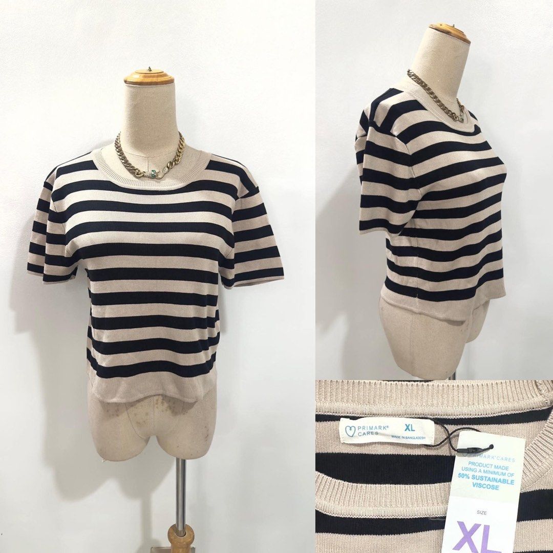 Primark Cares Striped Knit Top Size XL (Category: Blouses) located in Bacolod City. Submitted by bhabissagal-05763 (Listing ID 1470404483, Image 1). Description: - Brand: Primark Cares - Condition: Brand new with paper hangtag attached - Design: Classic beige & black stripes, short sleeves, round neckline - Size: XL - Material: Soft ribbed knit made with sustainable viscose - Origin: Made in Bangladesh - Style: Versatile everyday piece, perfect f