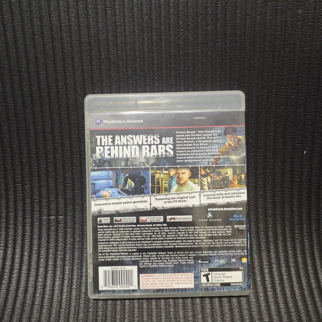 Prison Break The Conspiracy PS3 Game R1 Rare (Category: PlayStation) located in Quezon City. Submitted by shopme_gadget30 (Listing ID 1470518472, Image 3). Description: kindly read the details first for sale fixed price mint condition tested and working with Case and disc game (no scratches) with Manual compatible to ps3 console R1 Region qc area meet up: sm north shipping fee must shoulder by the buyer via lalamove or grab payment: bdo/gcash hap