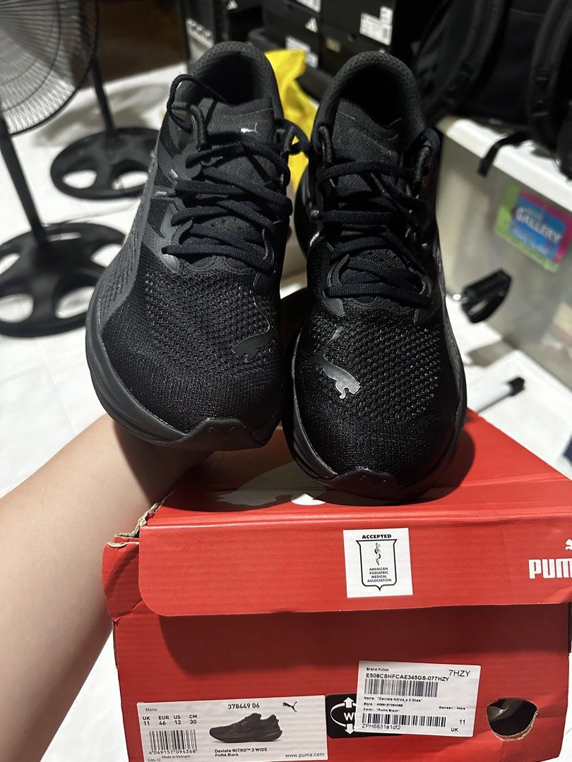 PUMA Deviate Nitro 3 WIDE All Black (Category: Sneakers) located in Mandaluyong City. Submitted by bukochairman77 (Listing ID 1470453332, Image 3). Description: PLEASE READ Official receipt in the last picture WIDE fit Size: US 12, UK 11, EU 46, 30cm Bought Feb 3, 2026, because the carbon plate helped my toe arthritis and plantar fasciitis. Used only once every 2 weeks, only for WALKING around malls. Not running, stored properly back in the box a
