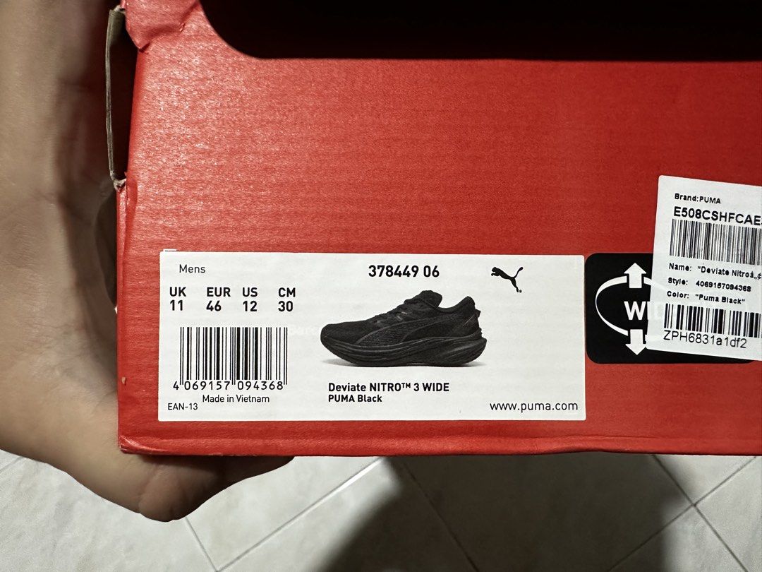 PUMA Deviate Nitro 3 WIDE All Black (Category: Sneakers) located in Mandaluyong City. Submitted by bukochairman77 (Listing ID 1470453332, Image 2). Description: PLEASE READ Official receipt in the last picture WIDE fit Size: US 12, UK 11, EU 46, 30cm Bought Feb 3, 2026, because the carbon plate helped my toe arthritis and plantar fasciitis. Used only once every 2 weeks, only for WALKING around malls. Not running, stored properly back in the box a