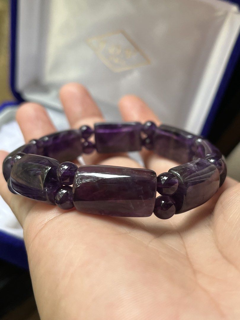 Purple Amethyst Stone Beaded Bracelet with Box (Category: Bracelets) located in Tandag. Submitted by maryarlale42144 (Listing ID 1470363664, Image 3). Description: - Genuine deep purple amethyst gemstone bracelet - Features alternating rectangular blocks and small round spacer beads - High polish finish with rich dark violet color throughout - Elastic cord for comfortable stretching and easy wear.