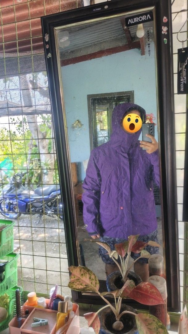 Quiksilver Purple Jacket Neon Green Lining Size L (Category: Coats, Jackets and Outerwear) located in Bayombong. Submitted by onlygoodfinds. (Listing ID 1470389870, Image 2). Description: - Brand: Quiksilver - Style: Zip-up hooded jacket / Streetwear outerwear - Color: Deep purple with bright neon green inner lining and zipper - Size: L (180/96A on tag) - Features: Multiple front pockets with snap buttons, adjustable drawstring hood - Condition: 