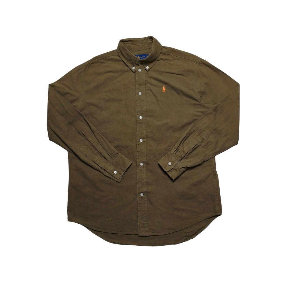 Ralph Lauren Button Down Shirt Olive Green Small (Category: Formal Shirts) located in Meycauayan. Submitted by thrifting_gorilla (Listing ID 1470412385, Image 1). Description: Ralph Lauren Button Down Shirt Olive Green Small - Brand: Ralph Lauren - Color: Olive green with bright orange embroidered pony logo - Size: Small - Material: 100% cotton - Features: Long sleeves, button-front design, pointed collar - Condition: Classic casual piece for eve
