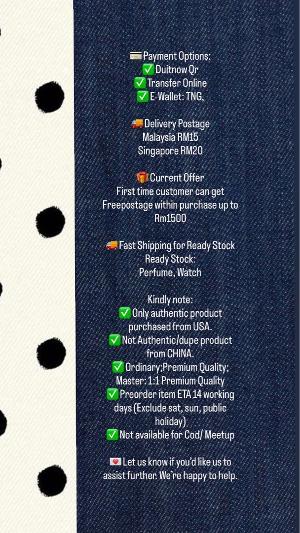 read please:) (Category: Announcements) located in Johor Bahru. Submitted by golden.eyliana (Listing ID 1470409959, Image 1). Description: hello semua please read this and my bio before you guys order , jangan order amergency pstu salahkan i sbb tak ckp ke apa barang lambat sampai tolong baca dulu ya before order 🫰🏻.