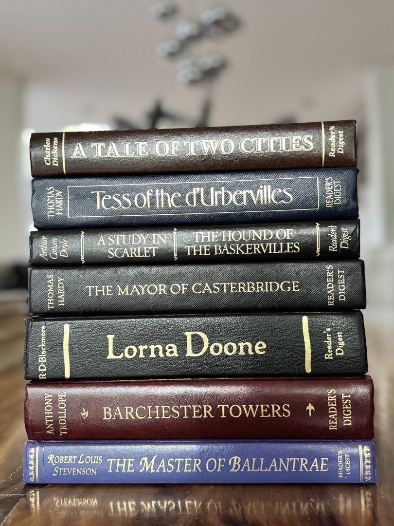Reader's Digest Classic Books Bundle Collection (Category: Storybooks) located in Manila. Submitted by sophianac48808 (Listing ID 1470478224, Image 1). Description: -PM for individual prices - TAKE ALL for 2,800 - Titles: A tale of two cities, tess of the d’urvervilles, lorna doone, a study inscarlet/ hound of the baskervilles, mayor of caterbridge, barchester towers, master of ballantre - Beautiful hardcover editions with distinct colored spines