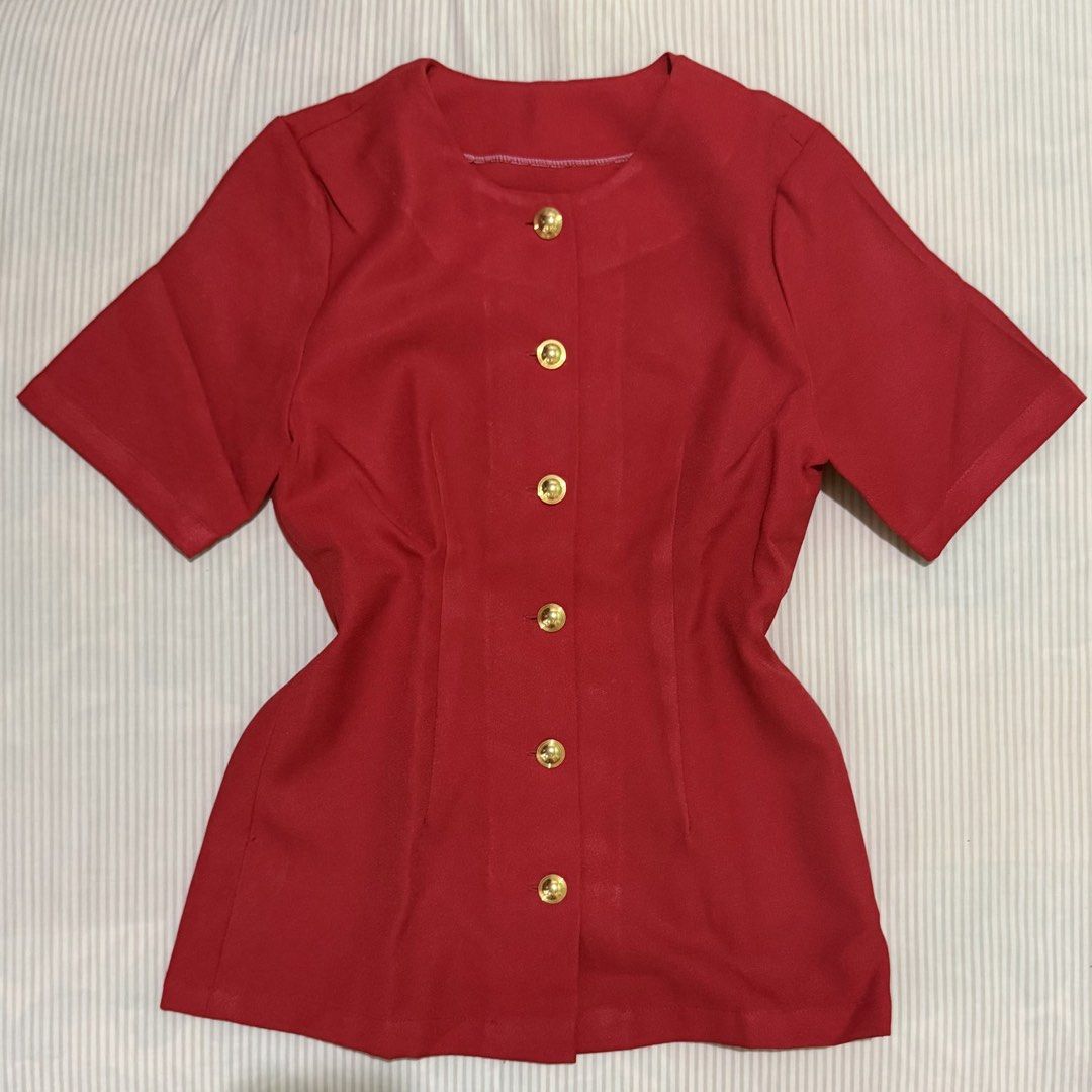 Red Button Down Blouse Jacket / Halloween Costume (Category: Blouses) located in Manila. Submitted by jillibeans (Listing ID 1470508936, Image 1). Description: I have more than one of the same item — perfect for group costumes! • Good condition • Fits best S-L frames • Quality fabric • Golden button details.