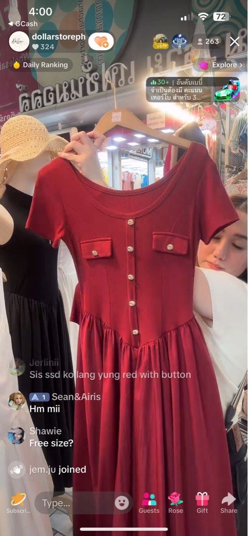 Red button-down midi dress with pocket details (Category: Dresses) located in Manila. Submitted by jergomez (Listing ID 1470412199, Image 1). Description: - Color: Deep red - Neckline: Scoop neck with decorative pearl-style buttons - Pockets: Two front chest pockets with matching buttons - Material: Ribbed knit top and smooth lower skirt - Silhouette: Fitted bodice with a pleated flared skirt - Condition: Excellent pre-loved condition - Perfect f