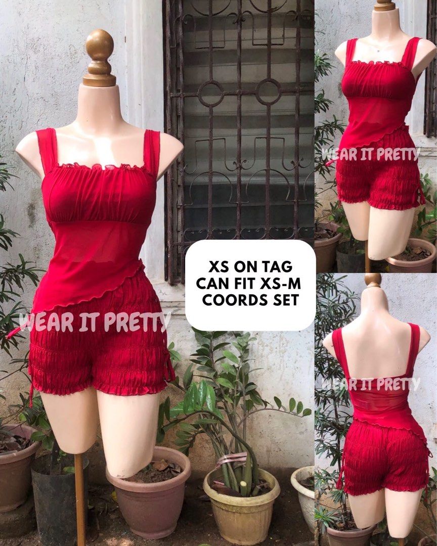 Red Coords Set Tank Top and Shorts (Category: Sets or Coordinates) located in Antipolo. Submitted by strawberry_berryyy (Listing ID 1470392399, Image 1). Description: waist: 24-48" | length: 13" | bust: 32-36 ༄｡°𖦹⋆˚✿˖°nice quality, stretchy shorts, sheer top (double lining boob part).