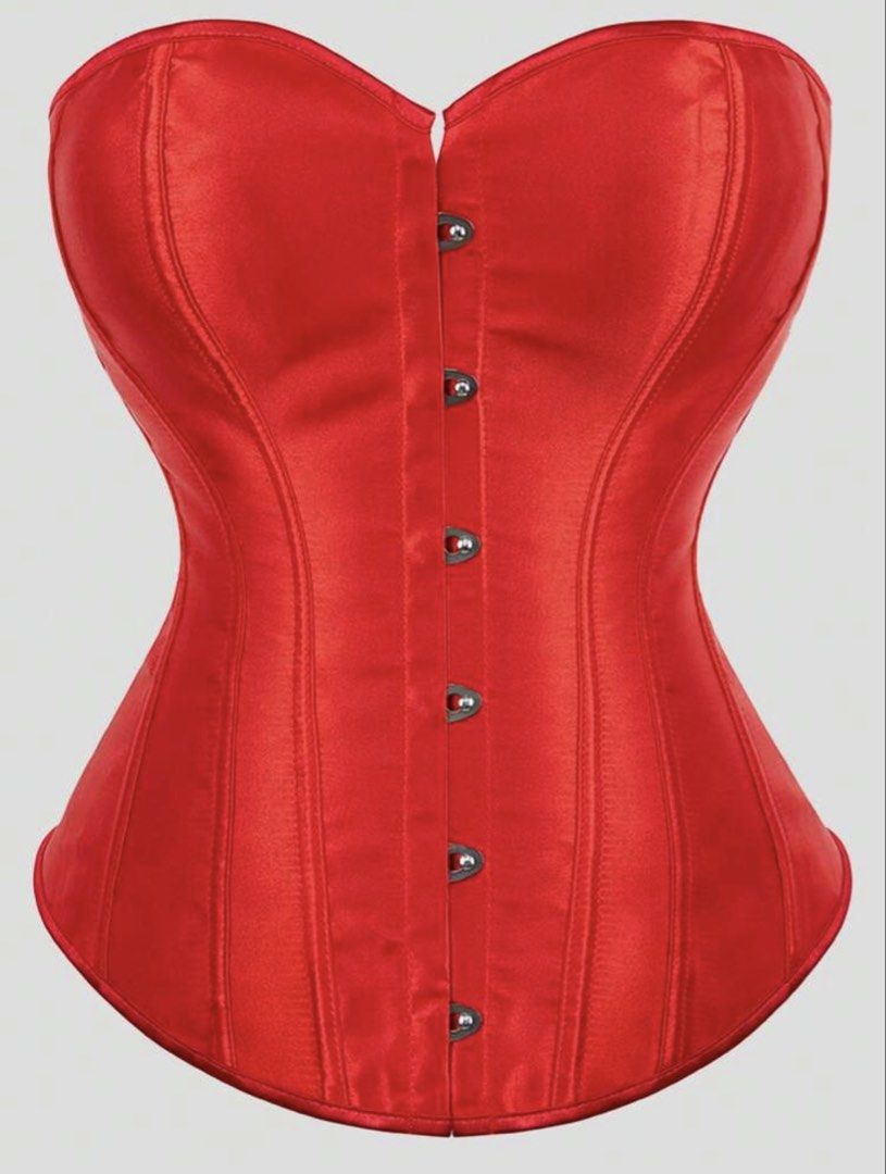 Red Corset (XS-S) (Category: Sets or Coordinates) located in Manila. Submitted by luvyouna (Listing ID 1470383783, Image 1). Description: Bright red satin bustier corset with front metal busk closures and a gold-tone star tiara headband - Perfect for: Halloween costumes, cosplay, and themed parties - Condition: Clean fabric with a shiny metal finish.