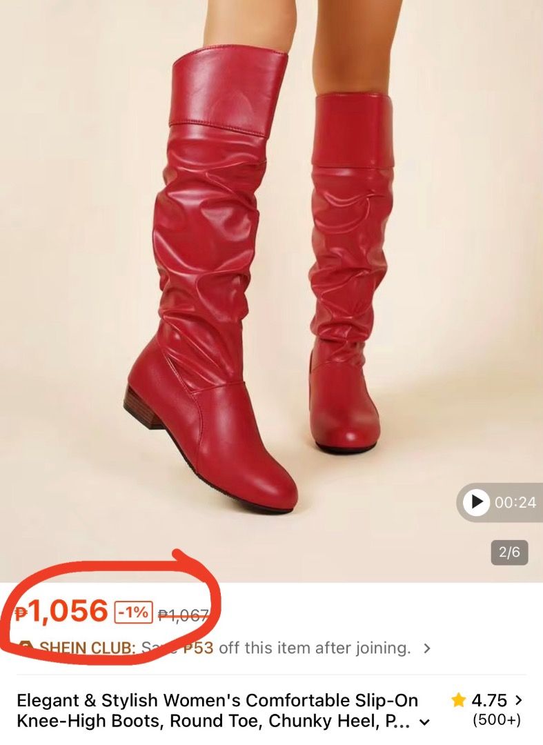 Red Knee-High Boots (Category: Boots) located in Taguig. Submitted by ishaintsad (Listing ID 1470387643, Image 3). Description: - used once only - availability: nov 1 onwards - orig price ₱1k plus.