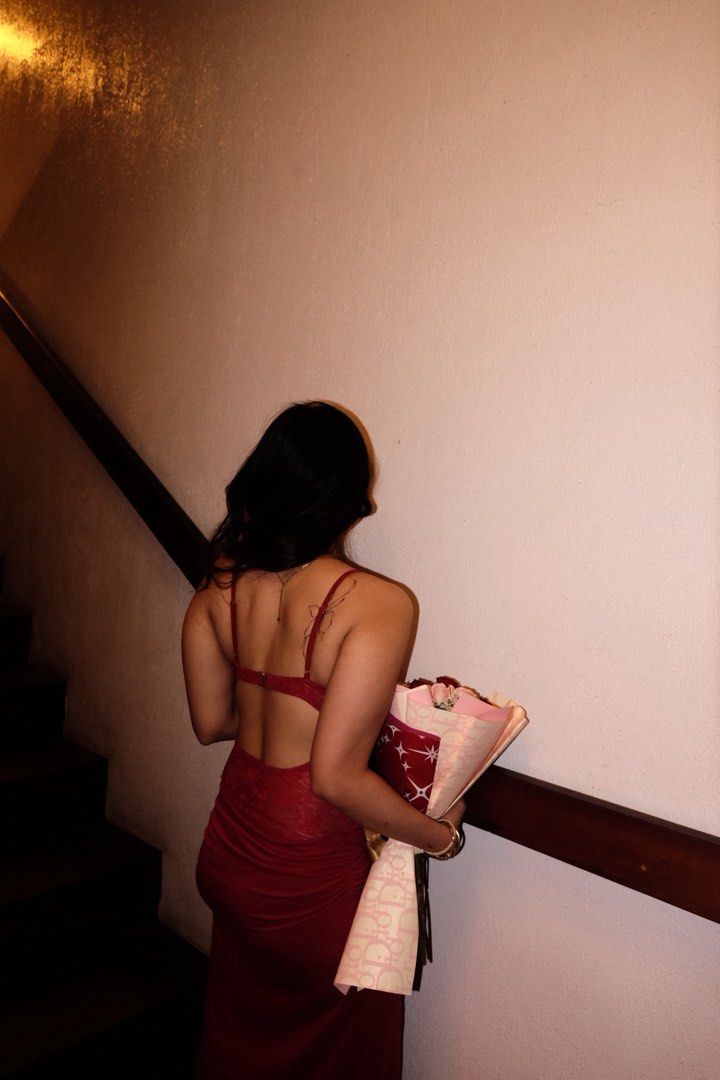 Red Spaghetti Strap Backless Long Dress (Category: Dresses) located in Quezon City. Submitted by bacardilvr (Listing ID 1470423814, Image 2). Description: - Color: Deep red - Style: Maxi dress, bodycon silhouette, floor-length skirt - Details: Spaghetti straps, intricate lace bodice, low back with strap accent - Condition: Worn once for a photoshoot, carefully stored - Occasion: Perfect for dinners, parties, or dates - Mode of Payment: GCash or B