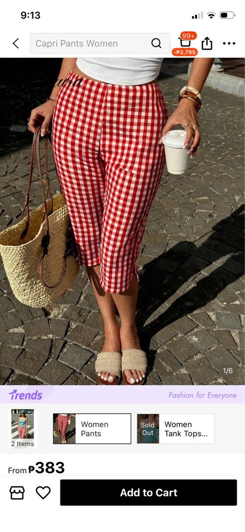 Red White Gingham Check Capri Pants Women (Category: Shorts) located in Mandaluyong City. Submitted by streetchicstyle (Listing ID 1470354978, Image 2). Description: - Trendy red and white gingham check pattern - Flattering mid-rise fit with a structured waistband - Stylish cropped length ideal for warm weather - Perfect for casual outings, picnics, or beach days - Easy to pair with plain tank tops and sandals - Size and condition details availab