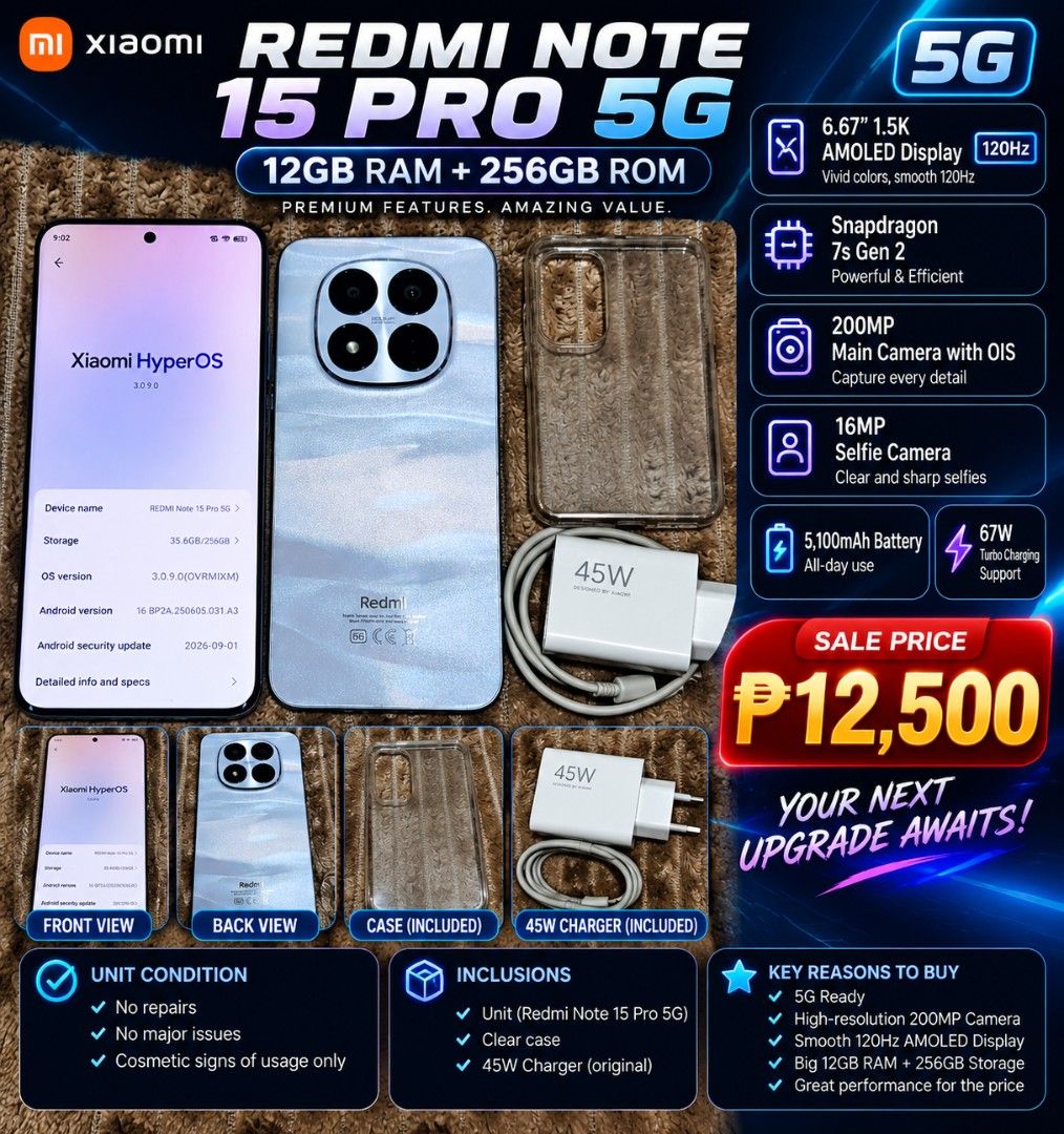 REDMI NOTE 15 PRO 5G (12/256) (Category: Other Mobile & Gadget Accessories) located in Manila. Submitted by trust0the0process (Listing ID 1470352350, Image 1). Description: 🔥REDMI NOTE 15 PRO 5G | 12GB / 256GB🔥 💰 ₱12,500 — NEGOTIABLE 🚀 Dimensity 7400-Ultra (4nm) 📱 6.83” 1.5K AMOLED | 120Hz 📸 200MP MAIN CAMERA with OIS 🔋 Massive 6,580mAh Battery ⚡ 45W Turbo Charging 💧 IP66 / IP68 / IP69 / IP69K Ratings 🛡️ Gorilla Glass Victus 2 🌐 Global 