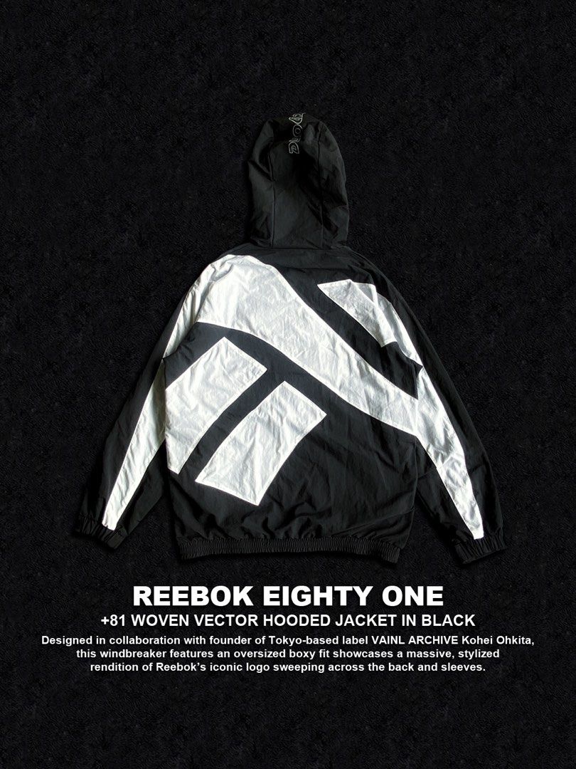 Reebok Eighty One +81 Woven Vector Hooded Jacket Black (Category: Coats, Jackets and Outerwear) located in Dinalupihan. Submitted by thriftout.ph (Listing ID 1470485021, Image 1). Description: - Authentic Reebok Eighty One collection windbreaker in black - Designed in collaboration with Tokyo label Vainl Archive founder Kohei Ohkita PLEASE READ ALL THE DETAILS⬇️ Tagged as Large : 23.5W | 29L Model Height : 5’9 No major issues Excellent / Presenta