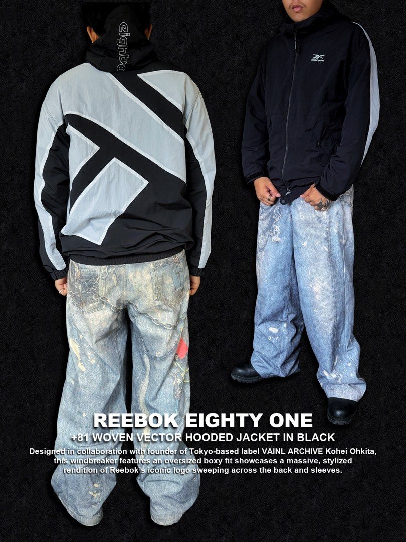 Reebok Eighty One +81 Woven Vector Hooded Jacket Black (Category: Coats, Jackets and Outerwear) located in Dinalupihan. Submitted by thriftout.ph (Listing ID 1470485021, Image 3). Description: - Authentic Reebok Eighty One collection windbreaker in black - Designed in collaboration with Tokyo label Vainl Archive founder Kohei Ohkita PLEASE READ ALL THE DETAILS⬇️ Tagged as Large : 23.5W | 29L Model Height : 5’9 No major issues Excellent / Presenta