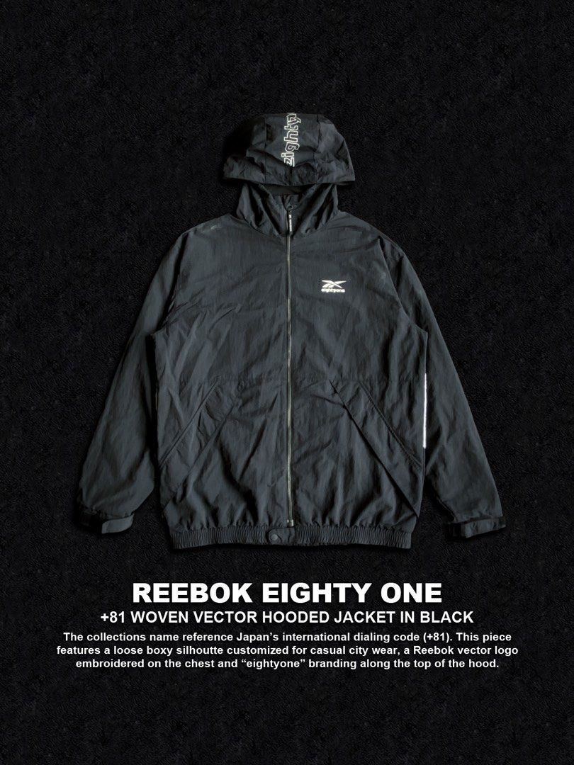 Reebok Eighty One +81 Woven Vector Hooded Jacket Black (Category: Coats, Jackets and Outerwear) located in Dinalupihan. Submitted by thriftout.ph (Listing ID 1470485021, Image 2). Description: - Authentic Reebok Eighty One collection windbreaker in black - Designed in collaboration with Tokyo label Vainl Archive founder Kohei Ohkita PLEASE READ ALL THE DETAILS⬇️ Tagged as Large : 23.5W | 29L Model Height : 5’9 No major issues Excellent / Presenta