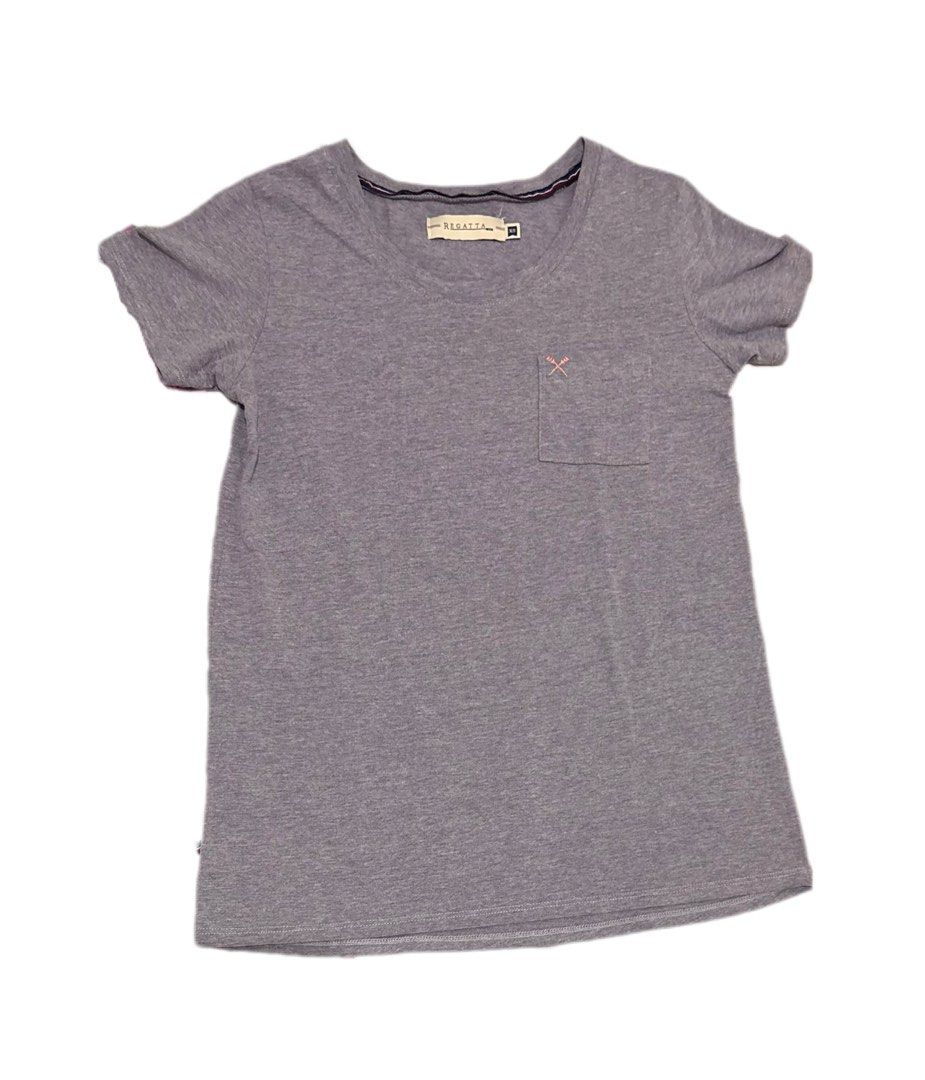 Regatta Grey T-Shirt Size XS (Category: Shirts) located in Manila. Submitted by areiei (Listing ID 1470365417, Image 1). Description: - Brand: Regatta - Size: XS - Color: Grey heathered - Design: Short sleeves, scoop neckline, and striped inner collar trim - Feature: Small chest pocket with a cute pink embroidered crossed arrow logo - Style: Casual basic tee, perfect for everyday outfits Sf Shouldered by Buyer.