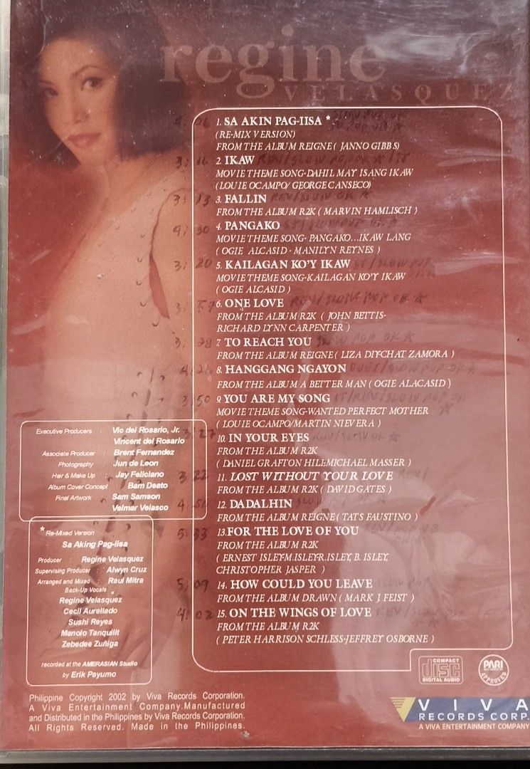 Regine Velasquez Greatest Hits Audio Visual Anthology CD VCD (Category: CDs & DVDs) located in Manila. Submitted by ruelcabrer77078 (Listing ID 1470356930, Image 3). Description: - Artist: Regine Velasquez - Album: Greatest Hits Audio-Visual Anthology - Label/Release Year: Viva Records Corporation, 2002 - Format: 1 CD (15 hits) + 1 VCD (15 trendsetting videos) - Notable Tracks: Sa Akin Pag-iisa, Ikaw, Fallin, Pangako, and more - Condition: Origin