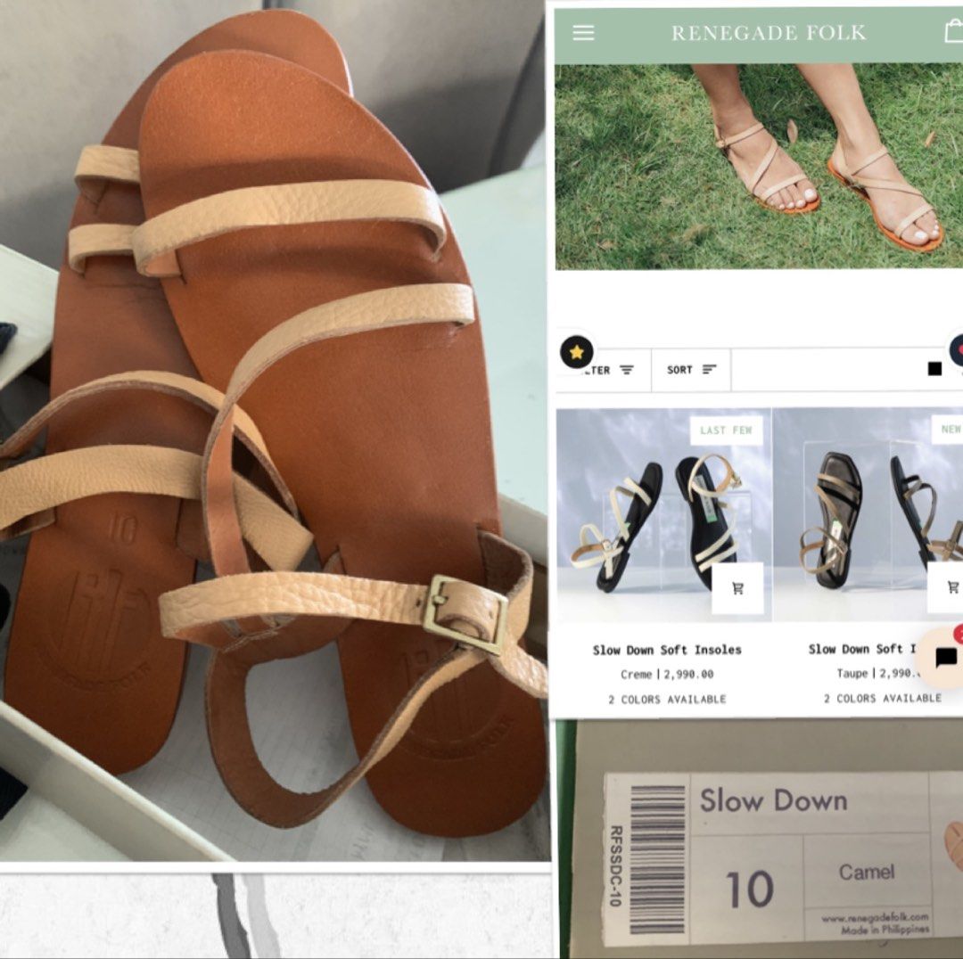 Renegade Folk Slow Down Sandals Camel Size 10 (Category: Flats & Sandals) located in Laoag. Submitted by maepril (Listing ID 1470520508, Image 2). Description: - Brand: Renegade Folk - Model: Slow Down - Color: Camel - Size: 10 (stamped on footbed and original box)/ 26cm - Design: Cross-over top straps with secure ankle buckle - Comfort: Extra soft insoles and flat sole for all-day wear - Origin: Made in the Philippines - Condition: Brand new wit