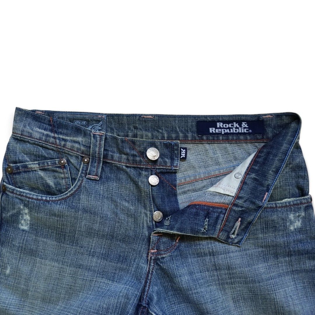 Y2K Rock & Republic Button Fly Bootcut Pants (Category: Jeans) located in Iloilo. Submitted by old_times (Listing ID 1470373361, Image 3). Description: 2000s Rock & Republic Button Fly Bootcut Jeans Measurements (inches): Size: 31 Length: 43 Leg Width: 9.5 Hem: 9.5 Details: - Button Fly - Embroidered Waist Tag - "R" Logo Embroidery Condition: - Heel Drag - Distressed ₱450 (+ Shipping fee) loc: iloilo courier: J&T Shipping (nationwide).