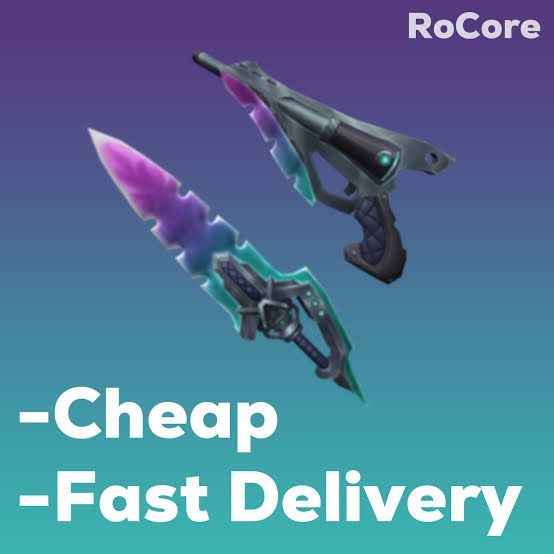 RoCore Knife and Gun Game Weapon Set (Category: In-Game Products) located in San Carlos City. Submitted by zeal_nxrv0nxrv (Listing ID 1470382603, Image 1). Description: - Bundle includes: RoCore knife and gun skin - Design: Purple, blue, and teal gradient with dark metallic handles - Price: Super affordable - Delivery: Fast and guaranteed digital in-game transfer - How to buy: Drop your username in chat upon purchase.