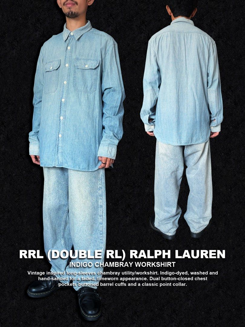 RRL Ralph Lauren Indigo Chambray Workshirt (Category: Formal Shirts) located in Dinalupihan. Submitted by thriftout.ph (Listing ID 1470476321, Image 2). Description: PLEASE READ ALL THE DETAILS⬇️ Tagged as Medium : 21W | 28-29L Model Height : 5’7 No major issues, just signs of wear. Good / Presentable. PRICE - P2,880 Free Shipping Free Shipping On Local Orders Over P2,000 - Brand: RRL Ralph Lauren - Style: Vintage-inspired indigo chambray workshi