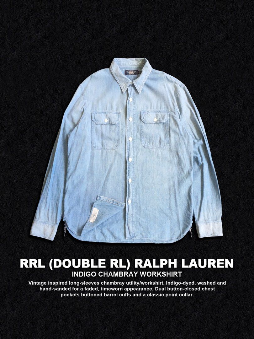 RRL Ralph Lauren Indigo Chambray Workshirt (Category: Formal Shirts) located in Dinalupihan. Submitted by thriftout.ph (Listing ID 1470476321, Image 1). Description: PLEASE READ ALL THE DETAILS⬇️ Tagged as Medium : 21W | 28-29L Model Height : 5’7 No major issues, just signs of wear. Good / Presentable. PRICE - P2,880 Free Shipping Free Shipping On Local Orders Over P2,000 - Brand: RRL Ralph Lauren - Style: Vintage-inspired indigo chambray workshi