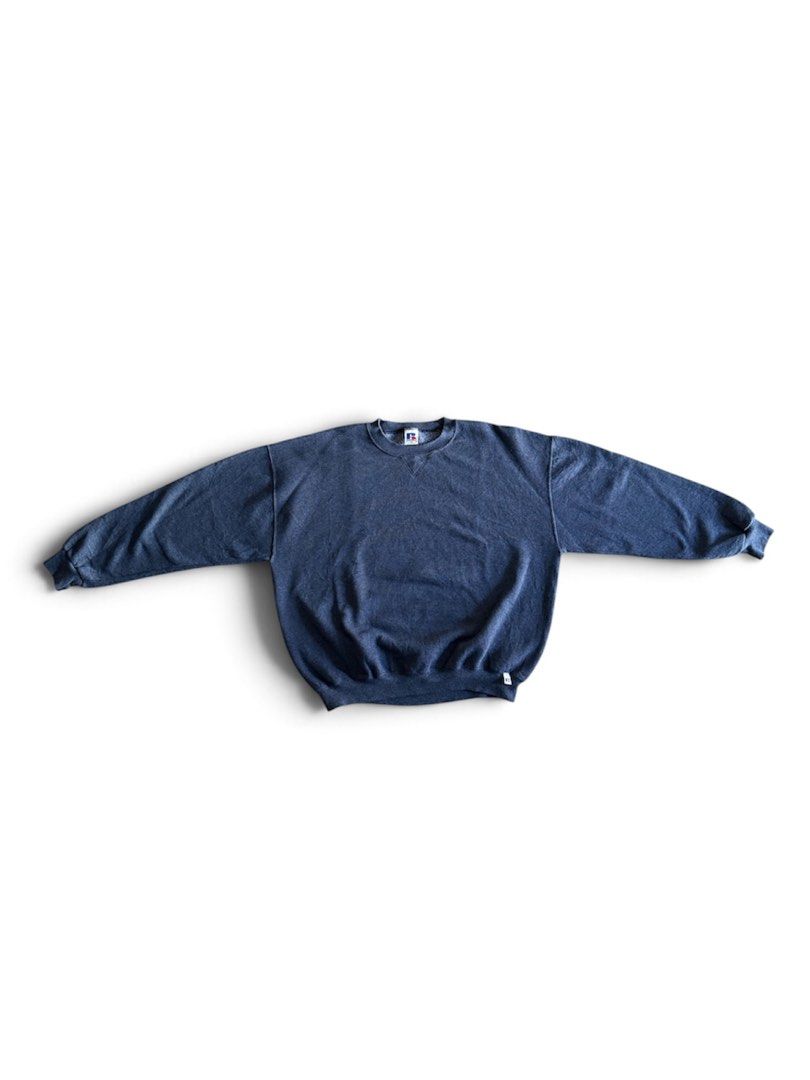 Russell Athletic Heather Blue / Navy Sweater (Category: Coats, Jackets and Outerwear) located in Manila. Submitted by dja23 (Listing ID 1470440462, Image 2). Description: Width: 27 in Length: 27 in Sleeve length: 23 in Color may vary due to lighting, oversized and boxy, no issues, tight ribbings.