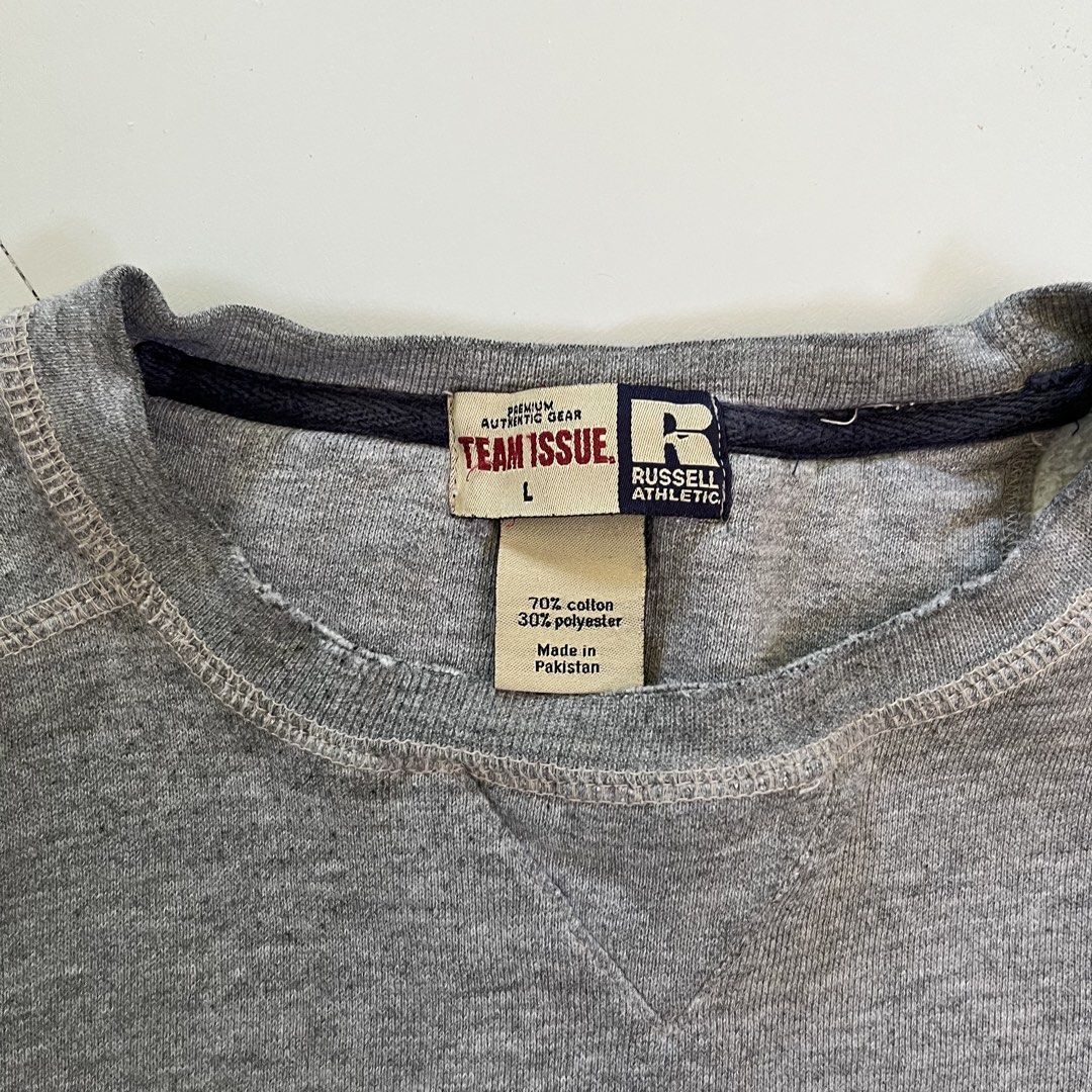 Vintage Russell Athletic Team Issue Grey Sweatshirt (Category: Coats, Jackets and Outerwear) located in Cabuyao City. Submitted by ricomalic (Listing ID 1470503784, Image 3). Description: Thrifted/preloved Russell Athletic Team Issue crewneck sweatshirt. Classic gray color, perfect for vintage and streetwear fits. Condition: Has small stains, visible wear, and damaged/frayed stitching near the sleeve cuff and seams. Please check photos for actual