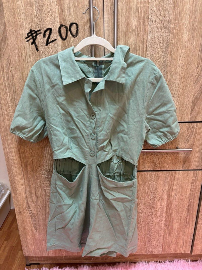 Sage Green Cutout Romper with Collar (Category: Rompers) located in Quezon City. Submitted by ellaaashi_ (Listing ID 1470531094, Image 1). Description: [Pre-Loved Top] - S-M - no brand - romper - slight flaws DM for other questions.