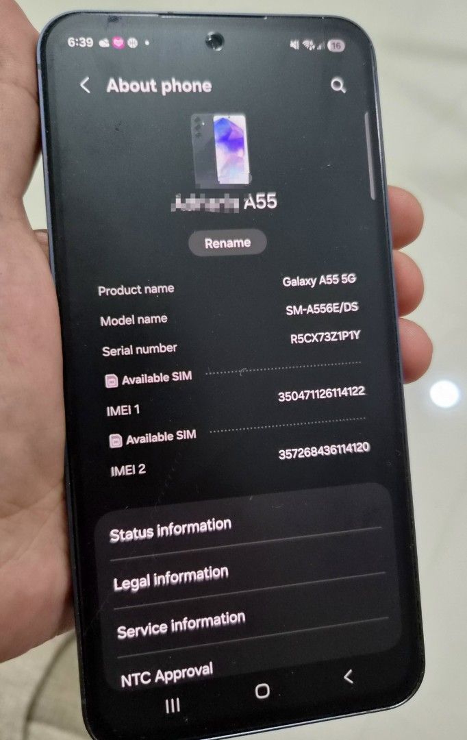 Samsung A55 5G 256GB (Category: Samsung) located in Cavite. Submitted by trueturtle.ccf1cf200_38944 (Listing ID 1470530439, Image 2). Description: - Brand/Model: Samsung Galaxy A55 5G (SM-A556E/DS) - Storage: 256GB - Condition: Well-maintained and fully functional, With tempered glass and case - Features: Dual SIM, Openline,NTC approved, sleek dark color design - RFS: upgraded to s26 - Meetup Location: Seattle’s Best Coffee, Bacoor City, Cavite G