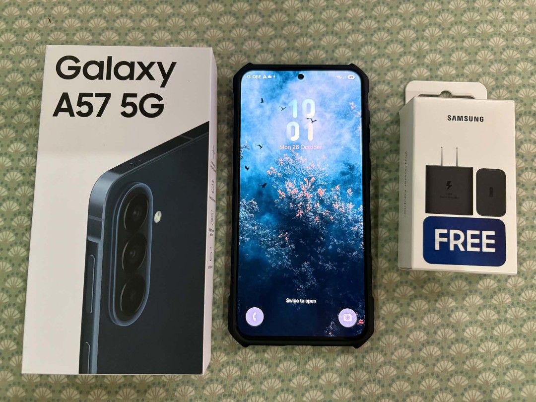 SAMSUNG A57 5G (Category: Samsung) located in Bulacan. Submitted by haushika29 (Listing ID 1470361457, Image 1). Description: Good as new Week old From Globe ( Globed Locked) 256 GB AWESOME NAVY WITH CASE AND SCREEN PROTECTOR.