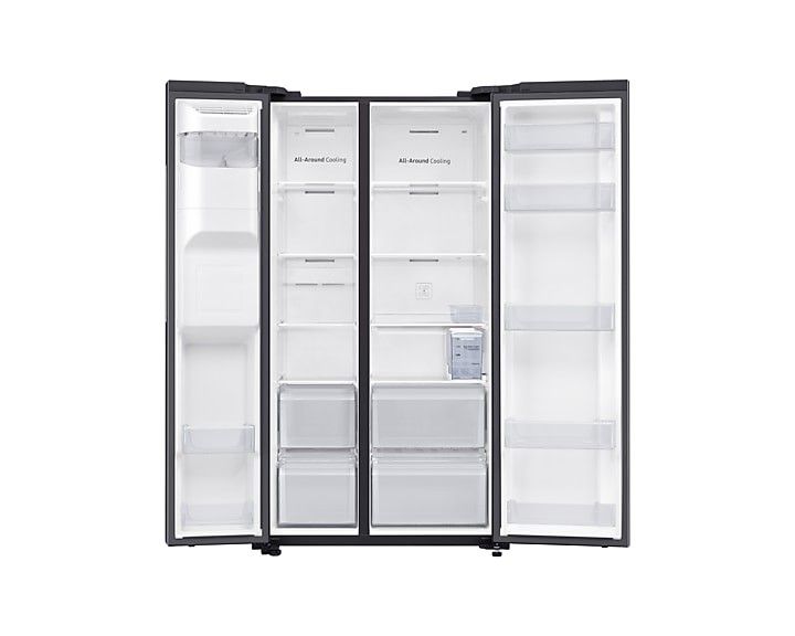 Samsung Side by Side Refrigerator Black (Category: Refrigerators and Freezers) located in Malabon City. Submitted by cbpreloveditems (Listing ID 1470383790, Image 3). Description: - Brand/Model: Samsung Side-by-Side Refrigerator - Color: Sleek Black Finish - Features: Door water and ice dispenser, All-Around Cooling system - Interior: Spacious with multiple glass shelves and door bins - Dimensions: 912mm (W) x 1780mm (H) x 716mm (D) - Condition: 