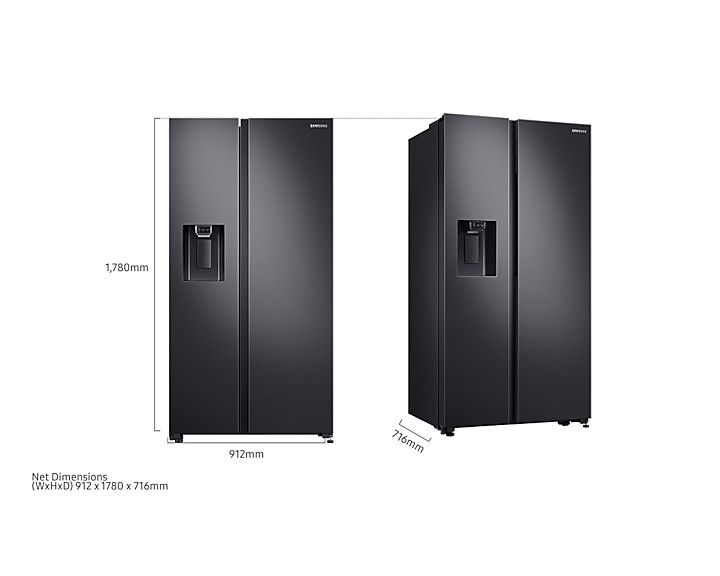 Samsung Side by Side Refrigerator Black (Category: Refrigerators and Freezers) located in Malabon City. Submitted by cbpreloveditems (Listing ID 1470383790, Image 2). Description: - Brand/Model: Samsung Side-by-Side Refrigerator - Color: Sleek Black Finish - Features: Door water and ice dispenser, All-Around Cooling system - Interior: Spacious with multiple glass shelves and door bins - Dimensions: 912mm (W) x 1780mm (H) x 716mm (D) - Condition: 