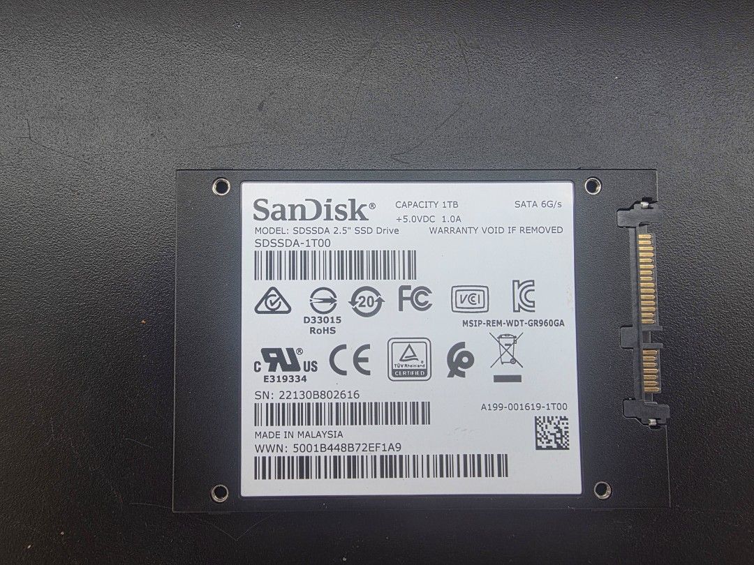 SanDisk SSD PLUS 1TB 2.5 Inch SATA 6G/s (Category: Hard Disks & Thumbdrives) located in Manila. Submitted by sound.solution (Listing ID 1470482735, Image 2). Description: - Brand: SanDisk SSD PLUS - Capacity: 1TB - Form Factor: 2.5-inch - Interface: SATA 6Gb/s - Model: SDSSDA-1T00 (Made in Malaysia) - Condition: Tested and working perfectly - Ideal storage upgrade for laptops and desktop PCs health 95%.