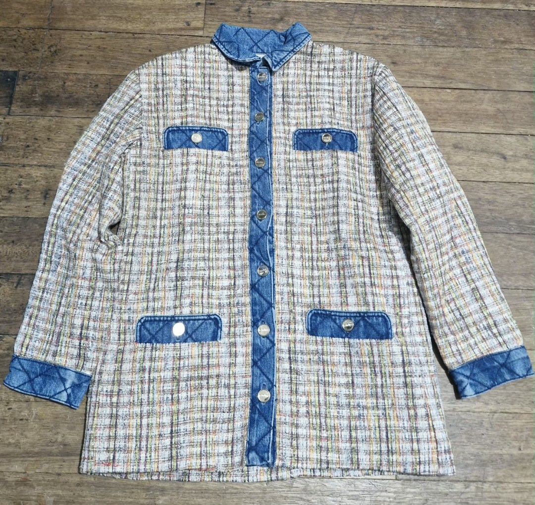 Sandro Tweed Denim (Category: Coats, Jackets and Outerwear) located in Manila. Submitted by blackstarharpoon (Listing ID 1470522526, Image 1). Description: - Multicolor tweed jacket with stylish blue denim trim - Features a quilted denim collar, button placket, cuffs, and pocket flaps - Classic metal buttons down the front - Four functional front pockets with secure flap closures - Long sleeves with a comfortable regular fit - Great statement pie