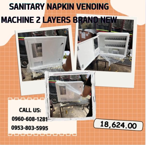 SANITARY NAPKIN VENDING MACHINE 2 LAYERS BRAND NEW (Category: Everything Else Others) located in Caloocan City. Submitted by gollemrea92925 (Listing ID 1470415538, Image 1). Description: 1. Machine Size: W52*D12.5*H41cm; N. Weight, 10.5Kg, g.weight:11.5kg 2. Selections: 2types, column length 370mm 3. Capacity: 8-20pcs of each, total16-40pcs 4. Coin mech 1-2coins 5. Full mechanical vending machine, 2 columns are worked with 2 coin mechs, only acce