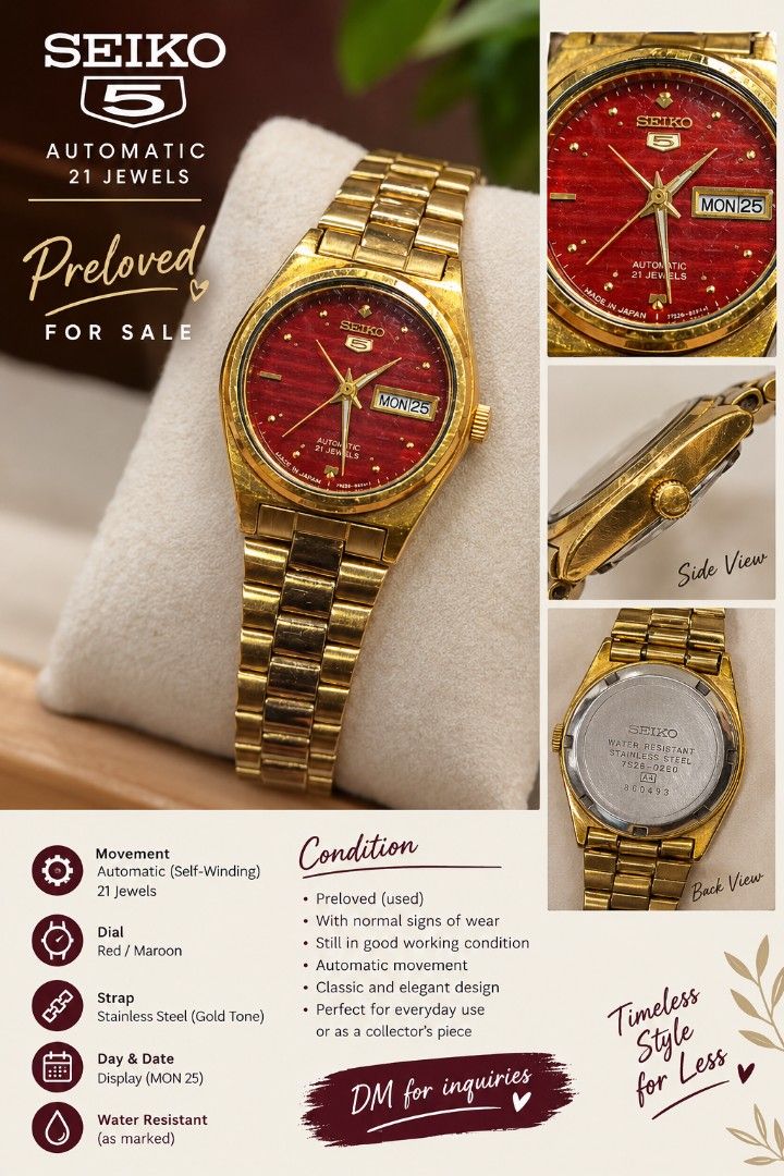 Seiko 5 (Category: Women's Watches) located in Manila. Submitted by conmercado031402 (Listing ID 1470393505, Image 1). Description: Vintage Seiko 5 selling for 4k.