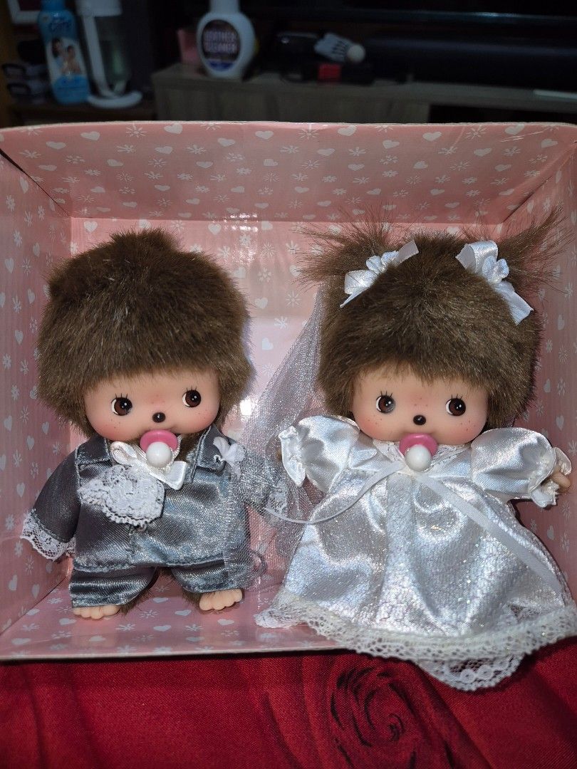Sekiguchi Bebichhichi Wedding Couple Dolls Set (Category: Figurines & Statues) located in Manila. Submitted by rpaul88 (Listing ID 1470546518, Image 1). Description: - Authentic Sekiguchi Bebichhichi wedding doll set - Includes bride doll in a white dress and groom doll in a grey suit - Features signature brown hair and cute pacifiers in their mouths - Comes with the original pink floral packaging box - Rare and great collectible item for fans an