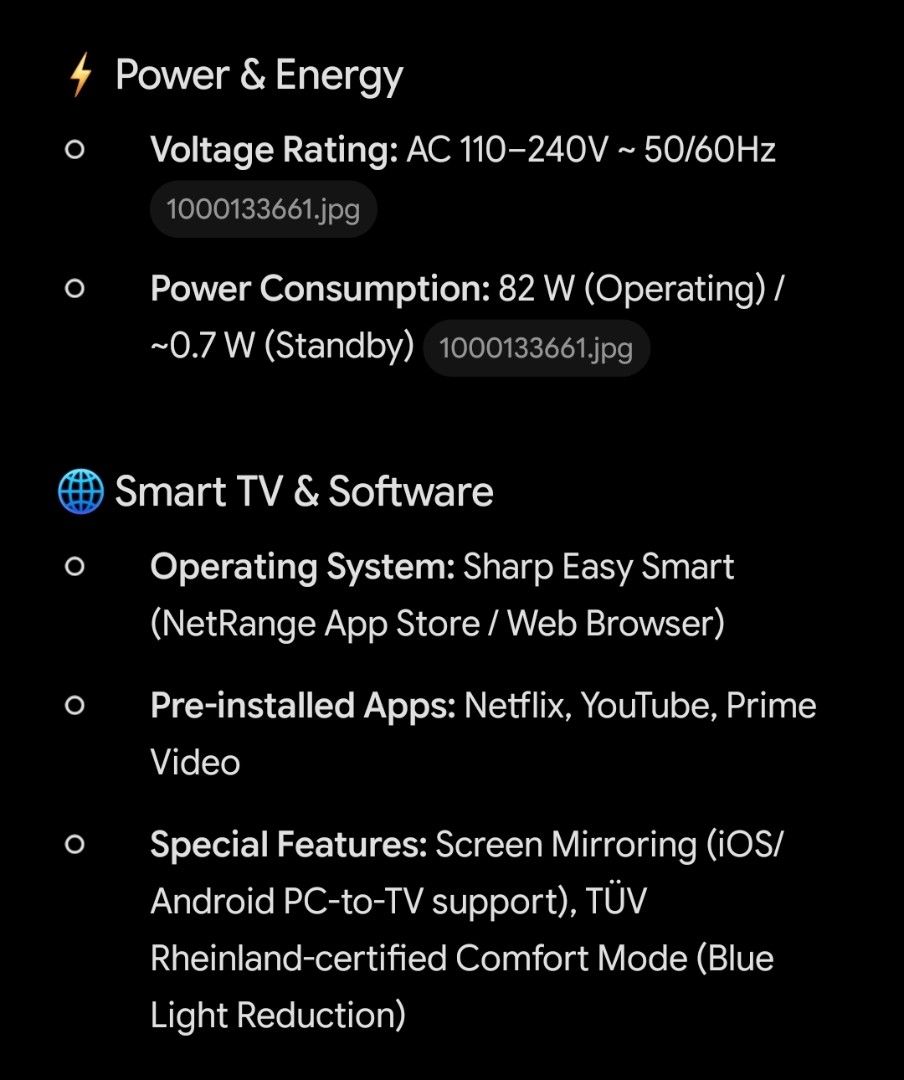 Sharp AQUOS 42" Smart LED TV 2T-C42DF1X (Category: TV) located in Manila. Submitted by happybear_77e59e777 (Listing ID 1470511714, Image 3). Description: - Brand/Model: Sharp AQUOS 42-inch Smart TV (Model: 2T-C42DF1X, Serial No: 41168122) - Display: Full HD 1920x1080 resolution with Direct LED backlight and HDR10 support - Smart Features: Sharp Easy Smart OS with built-in Netflix, YouTube, Prime Video, and screen mirroring - Audio: 15W total audi