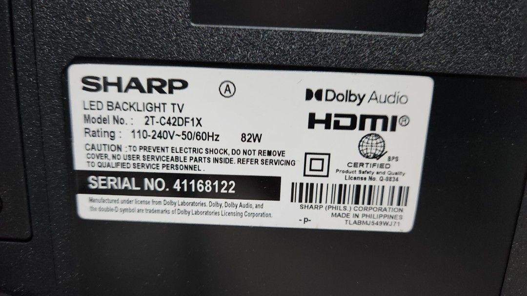Sharp AQUOS 42" Smart LED TV 2T-C42DF1X (Category: TV) located in Manila. Submitted by happybear_77e59e777 (Listing ID 1470511714, Image 1). Description: - Brand/Model: Sharp AQUOS 42-inch Smart TV (Model: 2T-C42DF1X, Serial No: 41168122) - Display: Full HD 1920x1080 resolution with Direct LED backlight and HDR10 support - Smart Features: Sharp Easy Smart OS with built-in Netflix, YouTube, Prime Video, and screen mirroring - Audio: 15W total audi